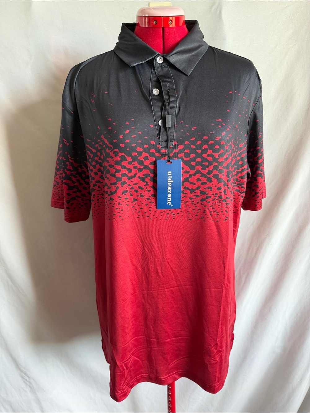 Red and Black Gradient Polo Shirt with Subtle Dot Pattern